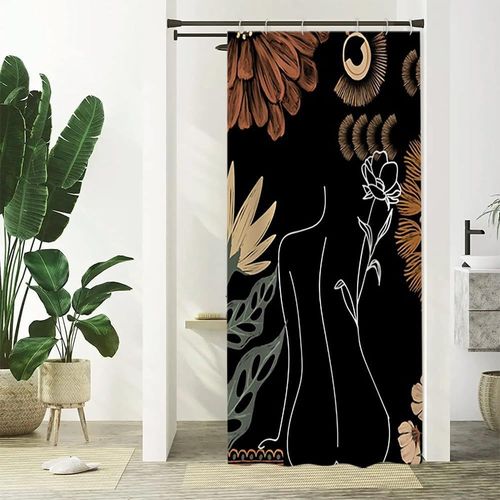 KAL-Rideau Douche Étroit, Rideau De Douche Noir 180X180Cm Anti Moisissure Abstrait Feuilles Vert Fleuri Petit Rideaux De Baignoire Tissu Lavable Imperméable Rideaux Salle De Bain Avec 6 Crochets