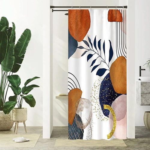 KAL-Rideau Douche Étroit, Rideau De Douche Terracotta Anti Moisissure 90X180Cm Abstrait Feuilles Bleu Petit Rideaux De Baignoire Tissu Lavable Imperméable Rideaux Salle De Bain Avec 6 Crochets