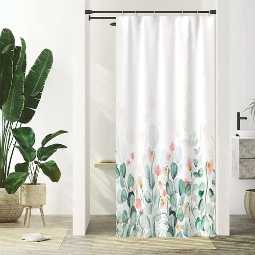KAL-Rideau Douche Anti Moisissure, Rideau Douche Étroit 90X180Cm Vert Sauge Feuilles D'Eucalyptus Fleur Rose Petit Rideaux De Baignoire Tissu Lavable Imperméable Rideaux De Bain Avec 6 Crochets