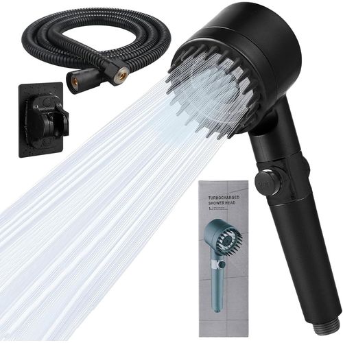 KAL-Pommeau De Douche Avec Tuyau Et Support, Pommeau De Douche À Économie D'Eau, Avec Tuyau De 1,5 M, Noir Et Support, Sans Perçage, 3 Types De Jet, Douche À Main Haute Pression