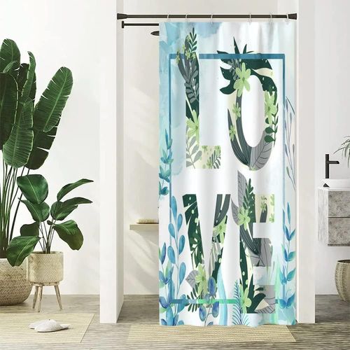 KAL-Rideau Douche Anti Moisissure, Rideau De Douche Étroit 90X180Cm Eucalyptus Feuilles Bleu Fleur Vert Petit Rideaux De Baignoire Tissu Lavable Imperméable Rideaux Salle De Bain Avec 6 Crochets
