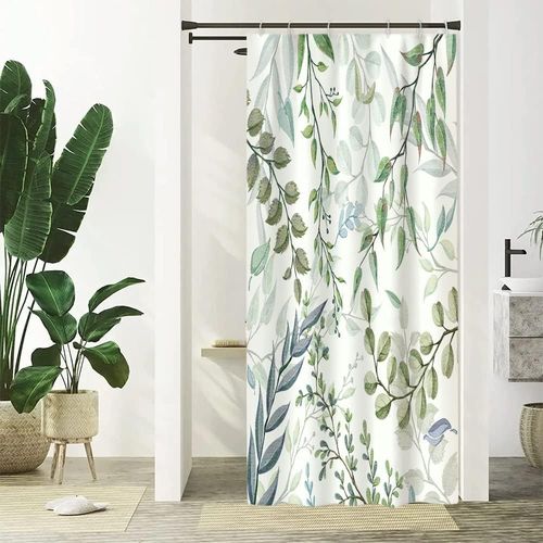 KAL-Rideau Douche Vert, Rideau De Douche Étroit 90X180Cm Anti Moisissure Feuilles D'Eucalyptus Bleu Gris Petit Rideaux De Baignoire Tissu Lavable Imperméable Rideaux Salle De Bain Avec 6 Crochets
