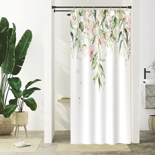 KAL-Rideau Douche Anti Moisissure, Rideau Douche Étroit 90X180Cm Vert Clair Feuilles D'Eucalyptus Fleuri Rose Petit Rideaux De Baignoire Tissu Lavable Imperméable Rideaux De Bain Avec 6 Crochets