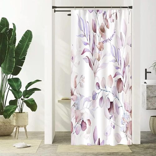 KAL-Rideau Douche Anti Moisissure, Rideau De Douche Étroit 90X180Cm Violet Feuilles D'Eucalyptus Lavande Petit Rideaux De Baignoire Tissu Lavable Imperméable Rideaux Salle De Bain Avec 6 Crochets