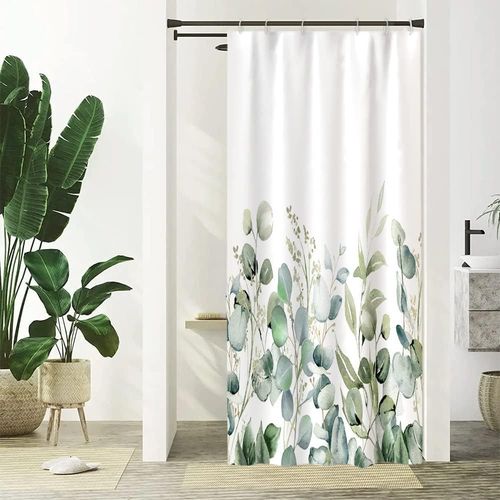 KAL-Rideau Douche Anti Moisissure, Rideau Douche Étroit 90X180Cm Vert Sauge Feuilles D'Eucalyptus Fleuri Petit Rideaux De Baignoire Tissu Lavable Imperméable Rideaux Salle De Bain Avec 6 Crochets