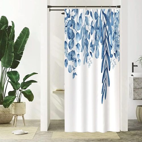 KAL-Rideau Douche Bleu, Rideau De Douche Étroit 90X180Cm Anti Moisissure Feuilles D'Eucalyptus Aquarelle Petit Rideaux De Baignoire Tissu Lavable Imperméable Rideaux Salle De Bain Avec 6 Crochets