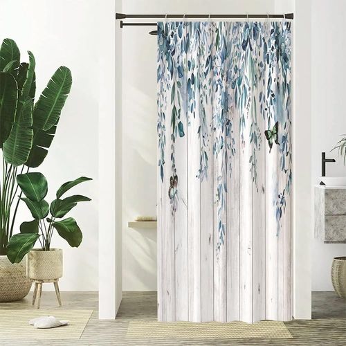 KAL-Rideau Douche Étroit, Rideau De Douche Bleu Anti Moisissure 90X180Cm Feuilles D'Eucalyptus Planche De Bois Petit Rideaux De Baignoire Tissu Lavable Imperméable Rideaux De Bain Avec 6 Crochets