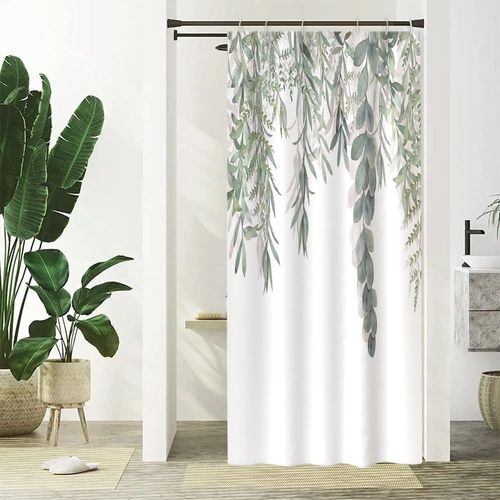 KAL-Rideau Douche Vert, Rideau De Douche Étroit Anti Moisissure 90X180Cm Feuilles D'Eucalyptus Botanique Petit Rideaux De Baignoire Tissu Lavable Imperméable Rideaux Salle De Bain Avec 6 Crochets