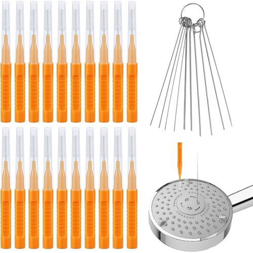 KAL-30Pcs Nettoyant Pommeau De Douche Outils, Brosse Nettoyage Pommeau De Douche Pics De Nettoyage Pour Pomme De Douche Brosse De Nettoyage Pour Petit Trou Espace Buse Fente (Orange)