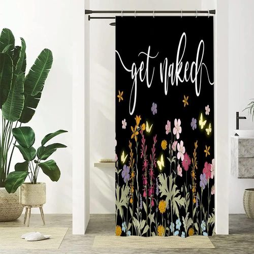 KAL-Rideau Douche Anti Moisissure, Rideau De Douche Étroit 90X180Cm Noir Fleuri Rose Et Violet Feuilles Vert Petit Rideaux De Baignoire Tissu Lavable Imperméable Rideaux De Bain Avec 6 Crochets