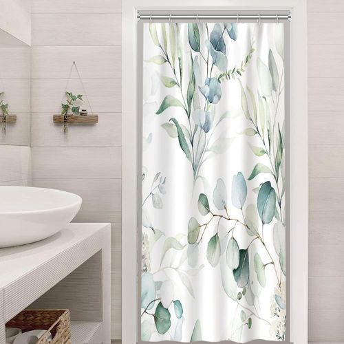 KAL-Rideau Douche 90X180Cm, Rideau Douche Étroit Anti Moisissure Vert Feuilles D'Eucalyptus Fleuri Blanc Petit Rideaux De Baignoire Tissu Lavable Imperméable Rideaux Salle De Bain Avec 6 Crochets