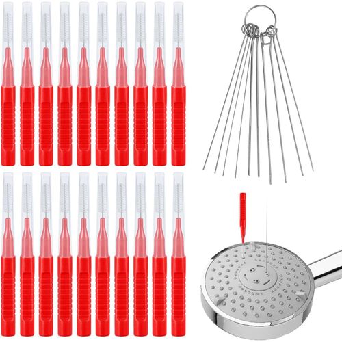 KAL-30Pcs Nettoyant Pommeau De Douche Outils, Brosse Nettoyage Pommeau De Douche Pics De Nettoyage Pour Pomme De Douche Brosse De Nettoyage Pour Petit Trou Espace Buse Fente (Rouge)