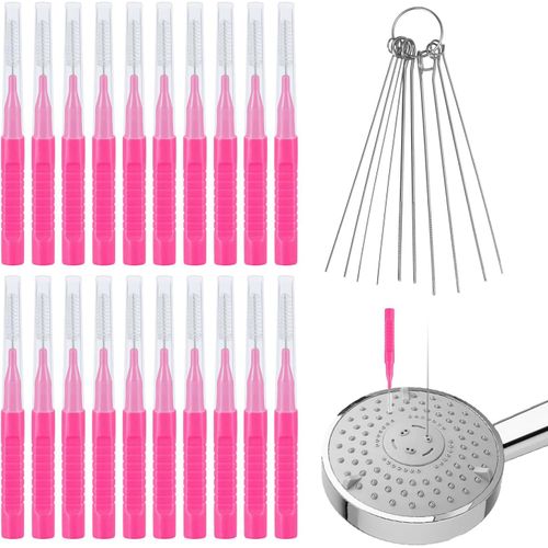 KAL-30Pcs Nettoyant Pommeau De Douche Outils, Brosse Nettoyage Pommeau De Douche Pics De Nettoyage Pour Pomme De Douche Brosse De Nettoyage Pour Petit Trou Espace Buse Fente (Rose Rouge)