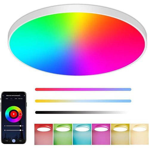 KAL-Plafonnier Led Couleur, 24W Luminaire Plafonnier Led Et Contrôle App, Lampe De Plafond Dimmable Compatible Avec Alexa Google Home, Pour Chambre Cuisine Couloir 3000K-6500K Blanc