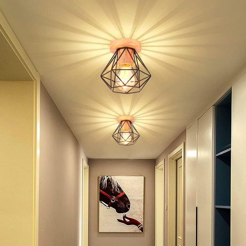 Kal-2 Pack E27 Plafonniers Industrielles Métal Cage Noir Vintage Suspension Forme Diamant Rétro Luminaire D'eclairage (Avec Bois -16cm)