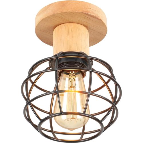 Kal-Plafonnier Industriel, E27 Plafonnier Vintage En Métal Cage Et Bois, Suspension Luminaire Rétro Design Chambre, Luminaires Intérieur Pour Salon, Chambre, 13cm(Noir)