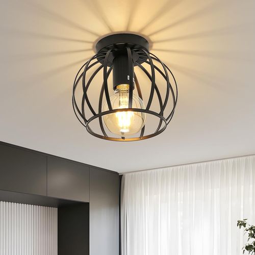 KAL-Plafonnier Vintage Industriel, Luminaire Plafonnier E27 Rétro Cage Design, Lampe De Plafond En Métal Pour Cuisine Chambre Entrée Couloir (Noir)