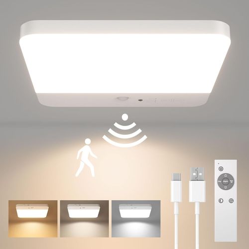 KAL-Lampe De Plafonnier Avec Détecteur De Mouvement, Led Plafond Sans Fil, Rechargeable Plafonnier Pour Douche, Salle De Bain, Garage, Escalier, 3 Températures De Couleur, Télécommande