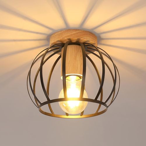 Kal-Plafonnier Industriel Vintage, Luminaire E27 Rétro Lustre Noir Avec Base En Bois, Lampe De Plafond En Métal Pour Cuisine, Balcon, Entrée