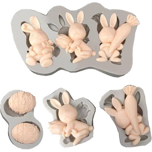 Kal-4pièces Moule À Pâques En Silicone, Moule En Silicone Lapin Moule De Cuisson Lapin, Moule À Gâteau Moule En Silicone Pour ?ufs De Pâques, Forme De Lapin 3d, Moules À Chocolat De Pâques Moule À Bo