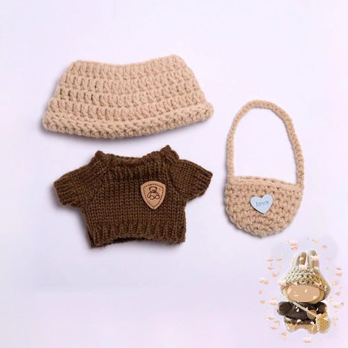 KALANKA-Vêtements pour Poupée Labubu 3 Pièces Vetement 17 cm Peluche Accessoires DIY pour Labubu Pull Gris Marron pour Collectionneurs, Cadeaux Enfants
