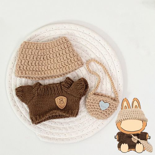 KALANKA-Kit de crochet miniature fait à la main - Vêtements tendance pour poupées en peluche en caoutchouc - Pour poupées Lababu Plush de 17 cm - Cadeaux pour enfants - Ensemble pull marron avec