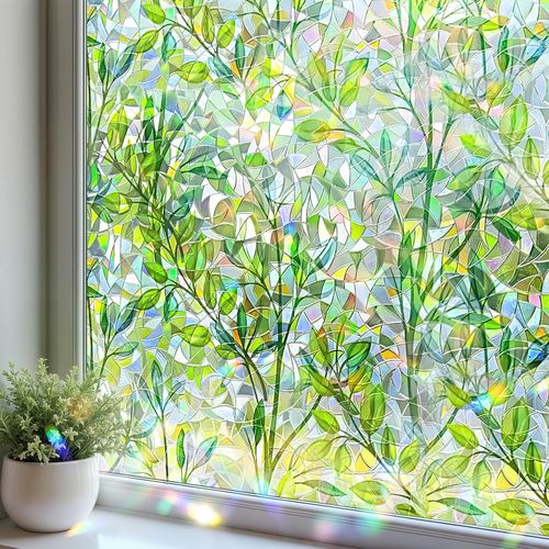 KALANKA-Vitrail Film Fenetre Anti Regard Effet Arc-en-Ciel 30 x 100cm Motif de Feuille Verte Film Electrostatique Vitre Non Adhesif Décoratif Anti UV Brise Vue Fenetre pour Chambre Cuisine