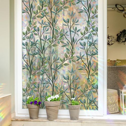KALANKA-Film Fenetre Anti Regard Effet Arc en Ciel Occultant Fenêtre Film Electrostatique Opaque Feuilles de Plantes pour Vitre Brise Vue Bureau Maison Salle de Bain Chambre Cuisine, 40 * 100cm