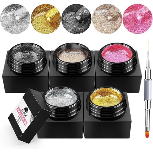 Doré Argenté Métal Vernis À Ongles Gel Pailleté, 5 Couleurs Métal Peint Vernis Gel Semi Permanent Avec Pinceau, Vernis À Ongles Pailleté Or Argent Noir Soak Off Pour Nail Art 