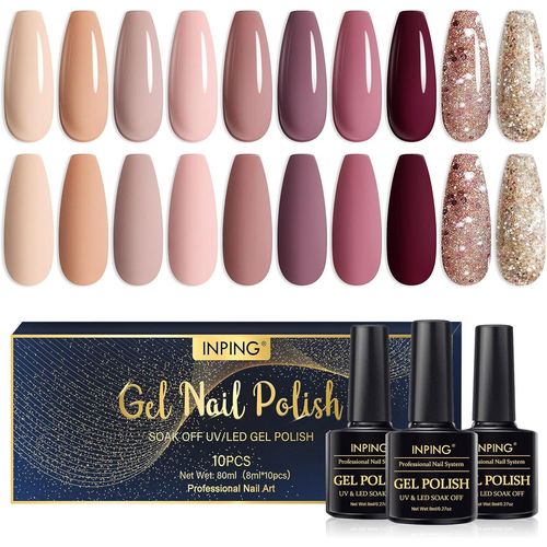 Vernis Semi Permanent Nude,10 Couleurs Nude Abricot Beige Bordeaux Rouge Marron Pailleté Vernis Gel Uv Semi Permanent Soak Off Uv/Led Vernis À Ongles Pour Débutant Diy Nail Art, 8 Ml 