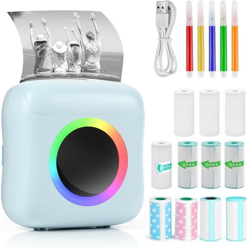 CHECARZHN--NO1-Imprimante Photo Portable, Mini Imprimante Photo Instantané Sans Fil, Imprimante Thermique Sans Fil Bt Imprimante Mobile Avec Led À Sept Couleurs, Imprimante Pour Photos Liste (Bleu)