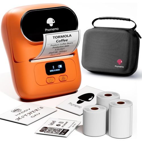 CHECARZHN--NO1-M110 Imprimantes D'Étiquettes Étiqueteuse Autocollante Bluetooth Portable Label Printer,Ensemble D'Imprimante D'Étiquettes Thermique Avec 3 Rouleaux D'Étiquettes Et Un Sac De Rangement,Orang