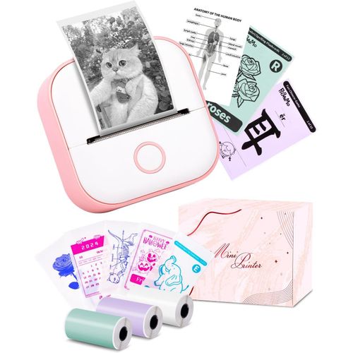 CHECARZHN--NO1-Mini Imprimante D'Étiquettes - T02 Petite Imprimante Portable, Imprimante D'Autocollants D'Apprentis , Notes, Images, Photos, Journal, Bricolage, Téléphone Compatible, Tablette, Rose