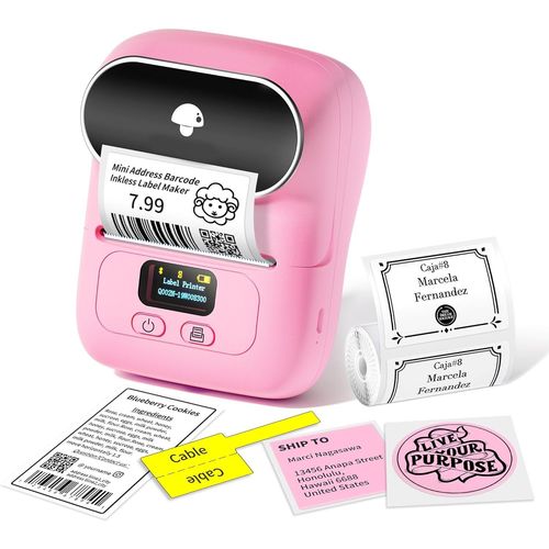 CHECARZHN--NO1-M110 Imprimante Etiquette Thermique, Imprimante D'Étiquettes Bluetooth Portable Thermique Etiqueteuse Compatible Ios Et Android, Convient Pour Bureau, Transport, Câble, Boutique, Rose