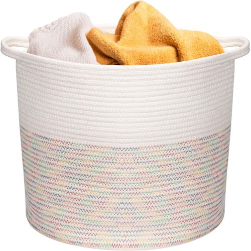CHECARZHN--NO1-Panier À Linge 50L En Corde De Coton, Corbeille À Linge Sale Avec Poignées 38X38X35Cm, Bac De Rangement Pour Vêtements, Jouets, Serviettes - Pour Chambre Ou Salle De Bain - Multicolore