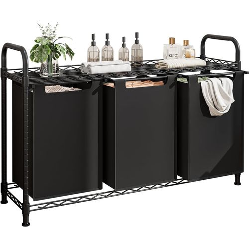 CHECARZHN--NO1-Panier À Linge Sale Avec Roulettes, Panier À Linge Avec Étagères, 3 Sacs À Linge En Tissu Oxford Amovibles, 3 X 50 L, Noir, 93 X 33 X 73 Cm (3 X 50 L)