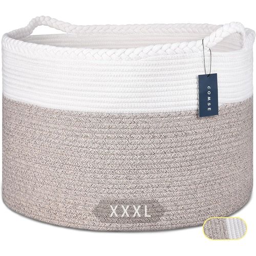CHECARZHN--NO1-Panier À Linge Tissé Extra Large 55 X 35 Cm En Corde De Coton Pour Salon, Jouets, Vêtements, Serviettes, Blanc/Marron Clair