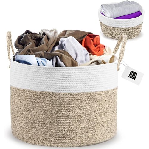 CHECARZHN--NO1-Panier À Linge 35X50Cm - Fait Main, Corbeille À Linge Décorative En Coton Tissé - Rangement Vêtements, Livres, Jouets - Pliable, Portable, Avec Poignée - Comprend Un Petit Panier