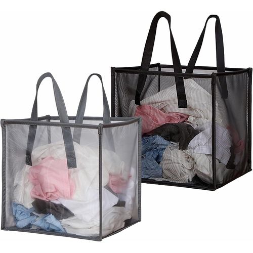 CHECARZHN--NO1-Lot De 2 Paniers À Linge En Maille Avec Poignées - 32 L - Portable Et Pliable - Paniers À Linge Pour Ranger Les Vêtements Et Les Jouets (1 Lot Gris + 1 Noir)