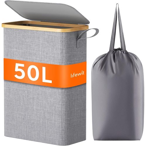 CHECARZHN--NO1-Panier À Linge Extra Plat 50L, Paniere A Linge Sale Avec Couvercle, Corbeille A Linge Bambou Avec Sac Amovible Et Poignée, Bac Linge Etroit Pour Chambre, Salle De Bain, Buanderie, Gris
