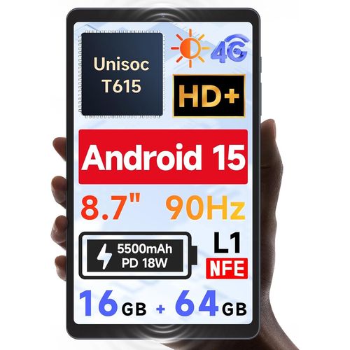 CHECARZHN--NO1-Nouveau Android 15 2025] Tablet De 8,7"", Unisoc T615 (8 C?urs), Hd Ips 800X1340, 90Hz Réflex, 350Nits, Widevine L1, Caméra De 5Mp, 4G Lte, Wifi 2,4G/5G, Bt5, 5500Mah, Pd18W, 16Gb+64Gb 1Tb Tf