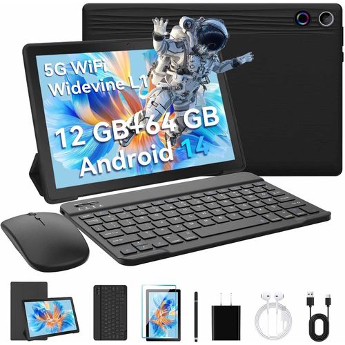 CHECARZHN--NO1-Tablette Android 14,12 Go Ram + 64 Go Rom (Tf 1 To), Widevine L1/Face Recognition Unlock/Wifi 6, Kit Tablette 8 En 1 (Avec Stylet + Étui De Protection, Souris Sans Fil + Écouteurs)