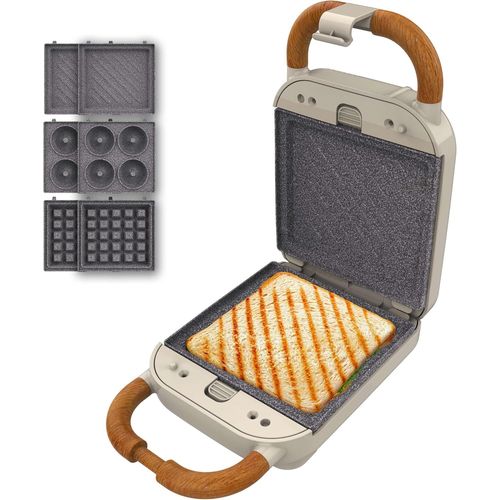 Checarzhn--No1-Appareil À Sandwichs Rock'ntoast Retro One Beige. Machine À Sandwich Rétro 700w, 3 Plaques Pour Sandwiches, Gaufres Et Beignets, Revêtement Rockstone, Indicateur Lumineux, Base Antidérapante