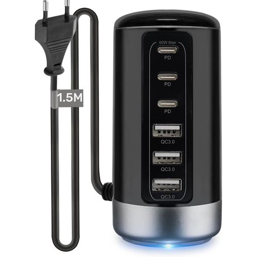 Checarzhn--No1-Chargeur Usb C Multiple 60w, Pd3.0 Qc4.0 Pps 6 Ports Charge Avec Détection Intelligente, Compatible Avec Iphone/Samsung/Note/Fold/Pixel/Xiaomi/Huawei/Ipad/Tablettes