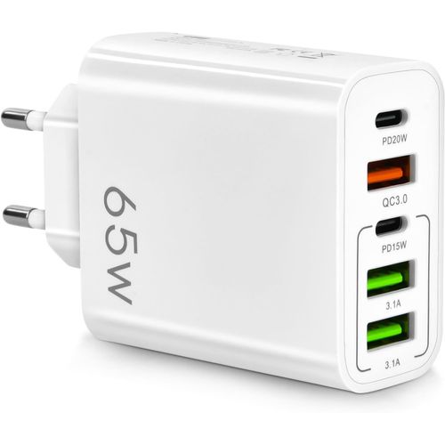 Checarzhn--No1-Chargeur Usb C Rapide 65w, Pr Multiple Avec 2 Usb C + 2 Usb + 1 Qc 3.0, Pr Usb Chargeur 5 Ports Compatible Avec Iphone 14 Pro 13 12 11 Xs Xr 8 7, Macbook Pro, Ipad, Galaxy (Blanc)