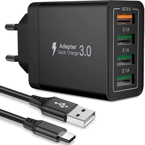 CHECARZHN--NO1-Chargeur Usb 4 Ports, Quick Charge 3.0 + 3 Usb-A Avec Câble Universel Type-C, Chargeur Multi Usb Compatible Avec Téléphones, Tablettes, Appareils Photo, Consoles De Jeux Et Autres Périphériq