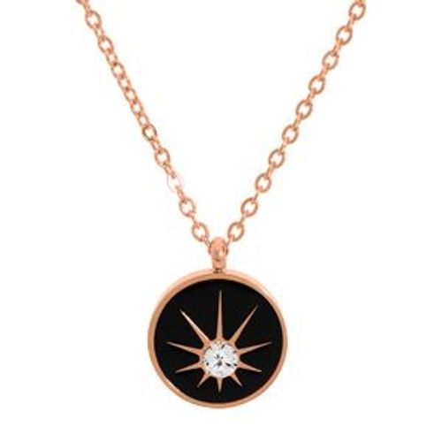 Collier Acier Et Pvd Rose Pendentif Rond Résine Noire Et 1 Oxyde Blanc 38+7cm