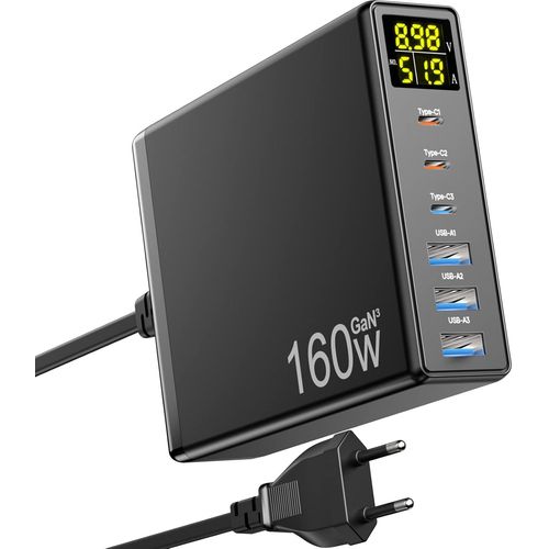 Checarzhn--No1-Chargeur 160w Gan 6-Port Type C Rapide, Adaptateur Secteur Multiple Avec 3 Usb-C Et 3 Usb-A Pd Qc 3.0 Pour Macbook Pro/Air, Laptop, Iphone, Ipad, Samsung