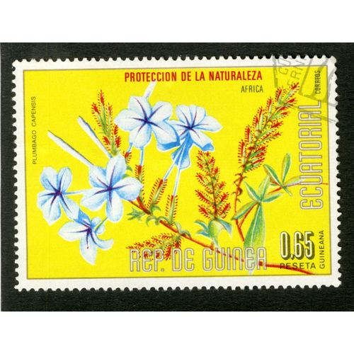 Timbre Oblitéré Rep. De Guinea Ecuatorial, Proteccion De La Naturaleza, Africa, Plumbago Capensis, 0.65 Peseta