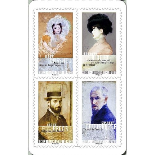 France 2016 Très Beau Mini-Bloc 4 Timbres Auto-Adhésifs Neufs** Luxe Portraits, Yvert 1262 M. Cassat "Margot Lux", 1163 Manet "Irma Brunner", 1264 Degas "Léon Bonnat" Et 1265 Caillebotte Autoportrait.